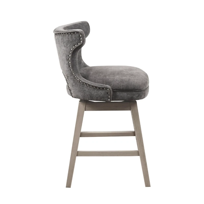 Gray Upholstered Wood Swivel Counter Stool