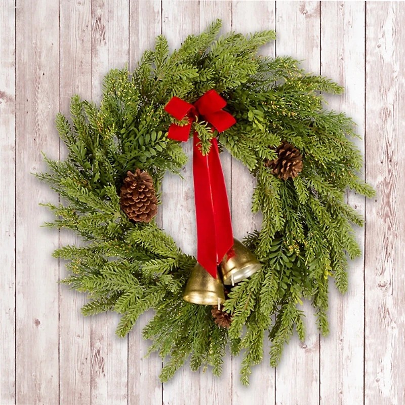 Christmas Bells Pine Wreath with a Red Bow