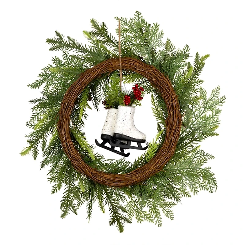 Winter Skates Christmas Wreath with Red Berries