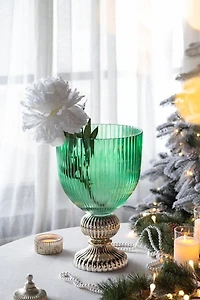 Green Glass Vase with Gold Pedestal Base, 16 in.