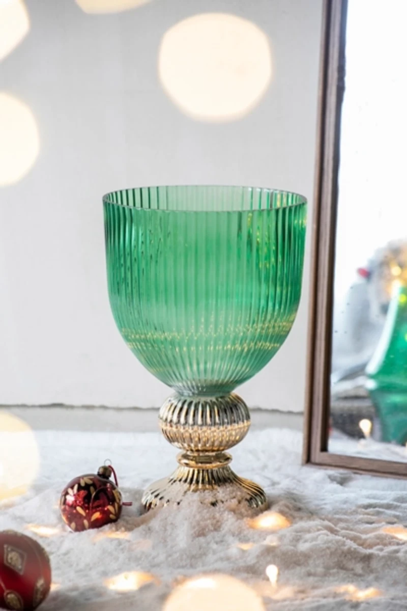Green Glass Vase with Gold Pedestal Base, 16 in.