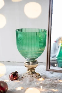 Green Glass Vase with Gold Pedestal Base, 16 in.
