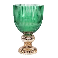 Green Glass Vase with Gold Pedestal Base, 16 in.