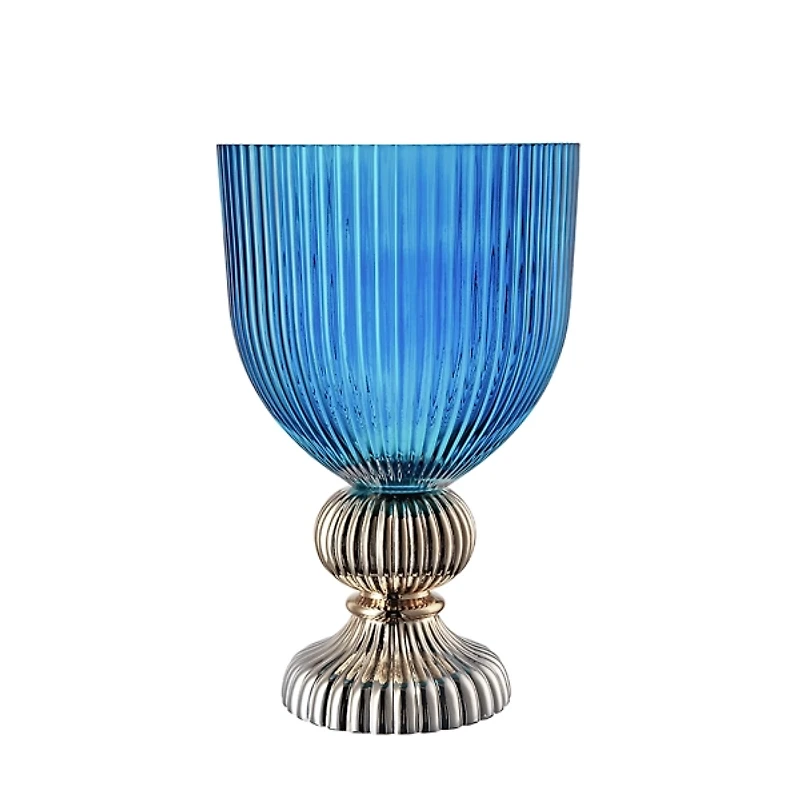 Blue Glass Vase with Silver Pedestal Base, 16 in.