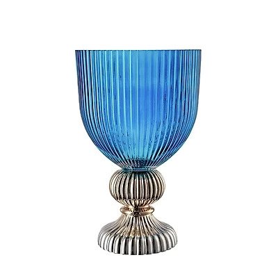 Blue Glass Vase with Silver Pedestal Base, 16 in.