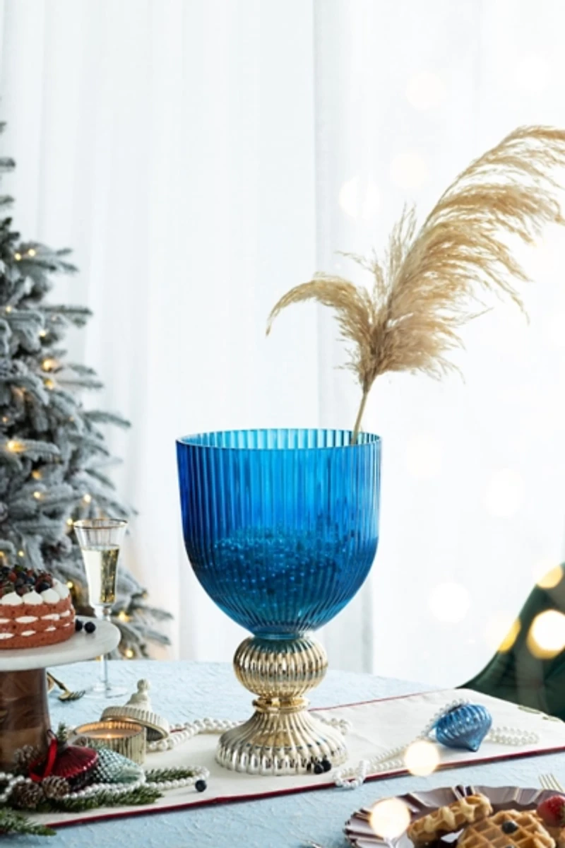 Blue Glass Vase with Silver Pedestal Base, 16 in.