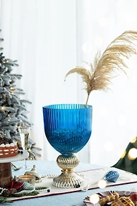 Blue Glass Vase with Silver Pedestal Base, 16 in.