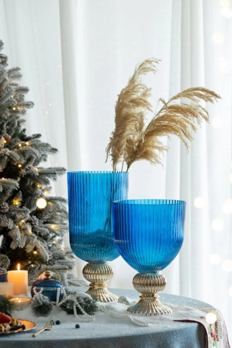 Blue Glass Vase with Silver Pedestal Base, 16 in.