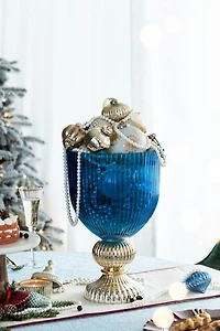 Blue Glass Vase with Silver Pedestal Base, 16 in.