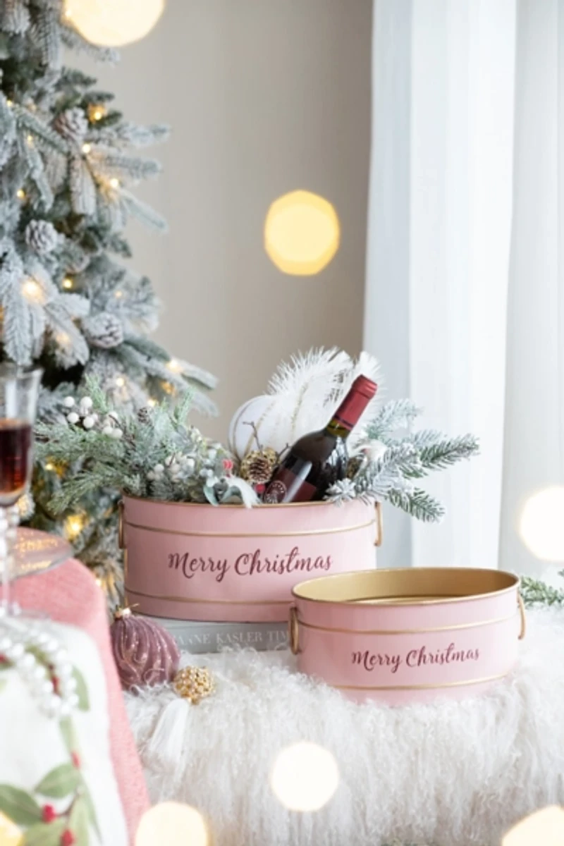 Oval Pink Iron Merry Christmas Baskets, Set of 2