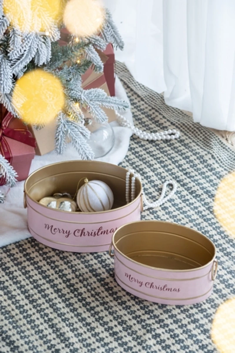 Oval Pink Iron Merry Christmas Baskets, Set of 2