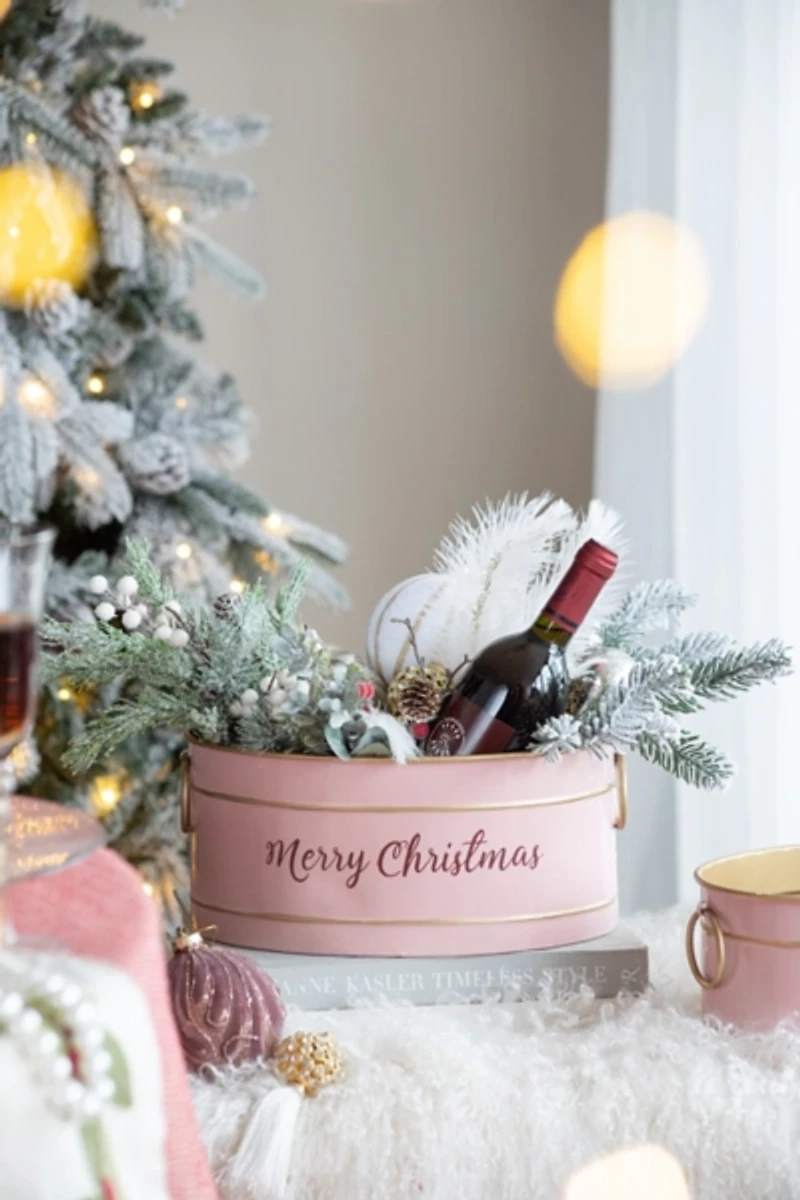 Oval Pink Iron Merry Christmas Baskets, Set of 2