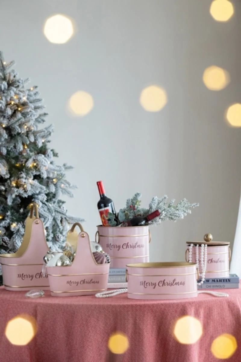 Oval Pink Iron Merry Christmas Baskets, Set of 2