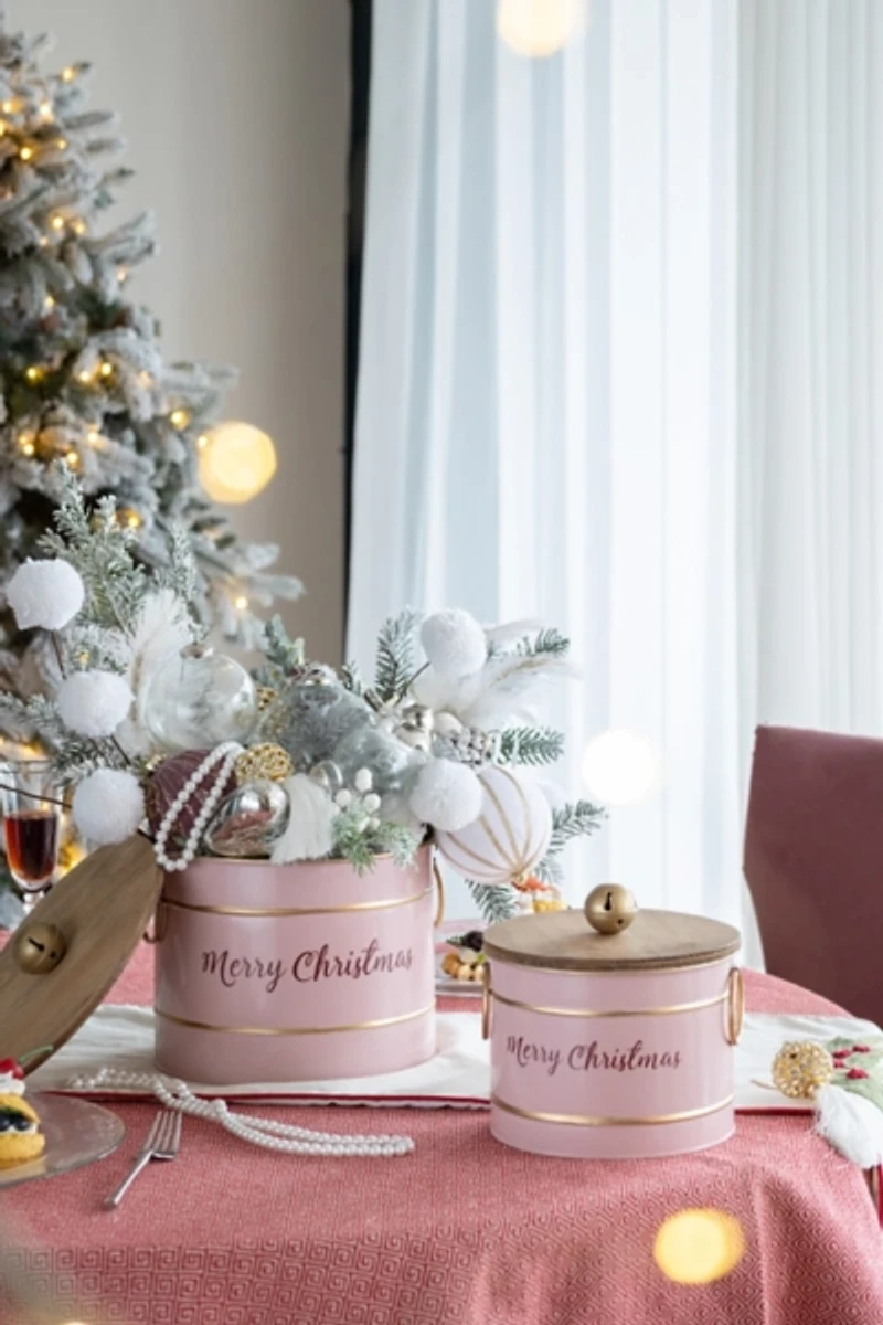 Pink Iron Merry Christmas Lidded Baskets, Set of 2