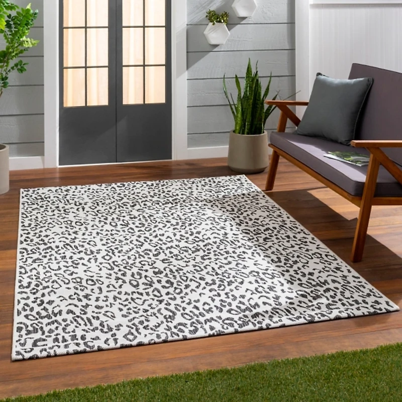 Cauli Black Leopard Print Outdoor Rug, 7x10