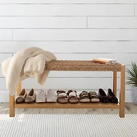 Newport Natural Wood and Rattan Bench with Shelf