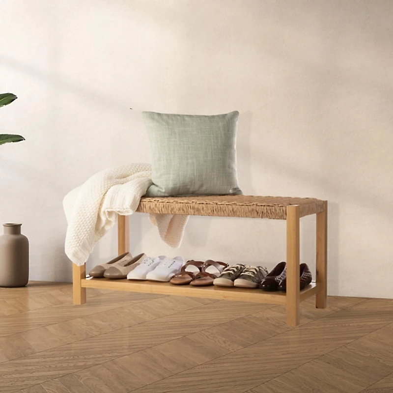 Newport Natural Wood and Rattan Bench with Shelf