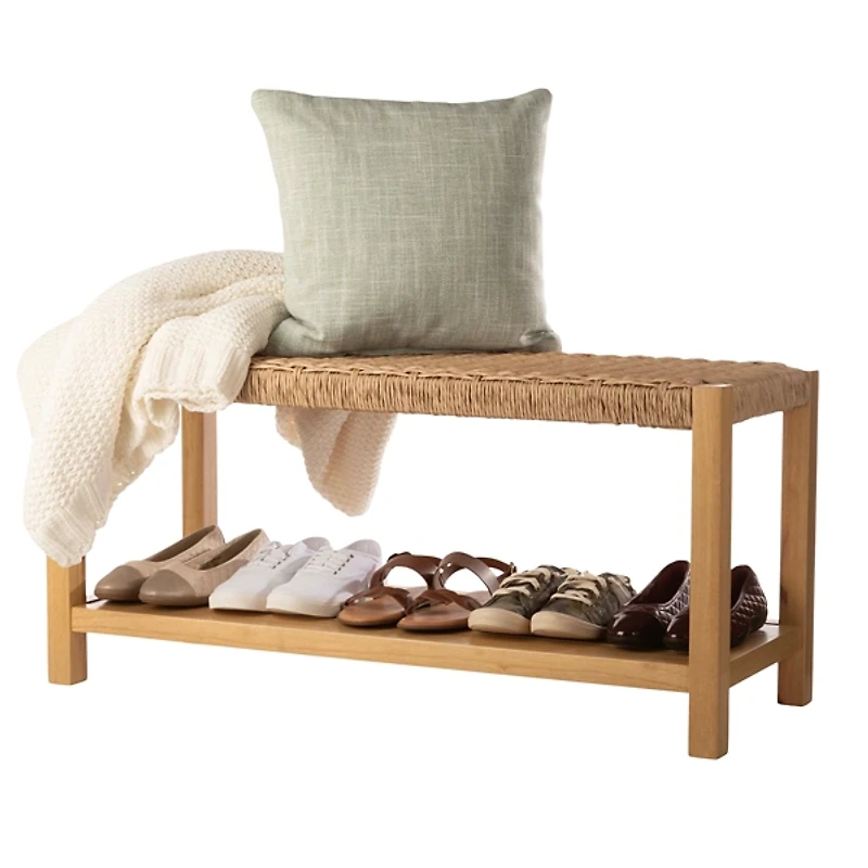 Newport Natural Wood and Rattan Bench with Shelf