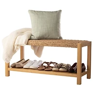 Newport Natural Wood and Rattan Bench with Shelf