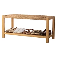 Newport Natural Wood and Rattan Bench with Shelf