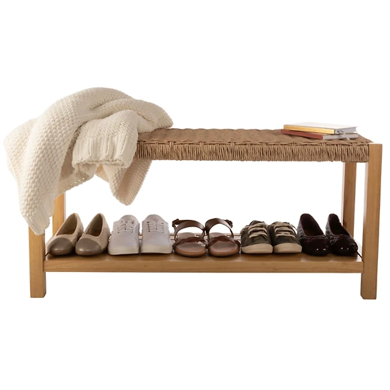 Newport Natural Wood and Rattan Bench with Shelf