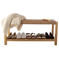 Newport Natural Wood and Rattan Bench with Shelf