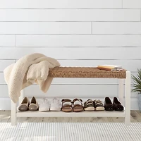 White Newport Wood and Rattan Bench with Shelf