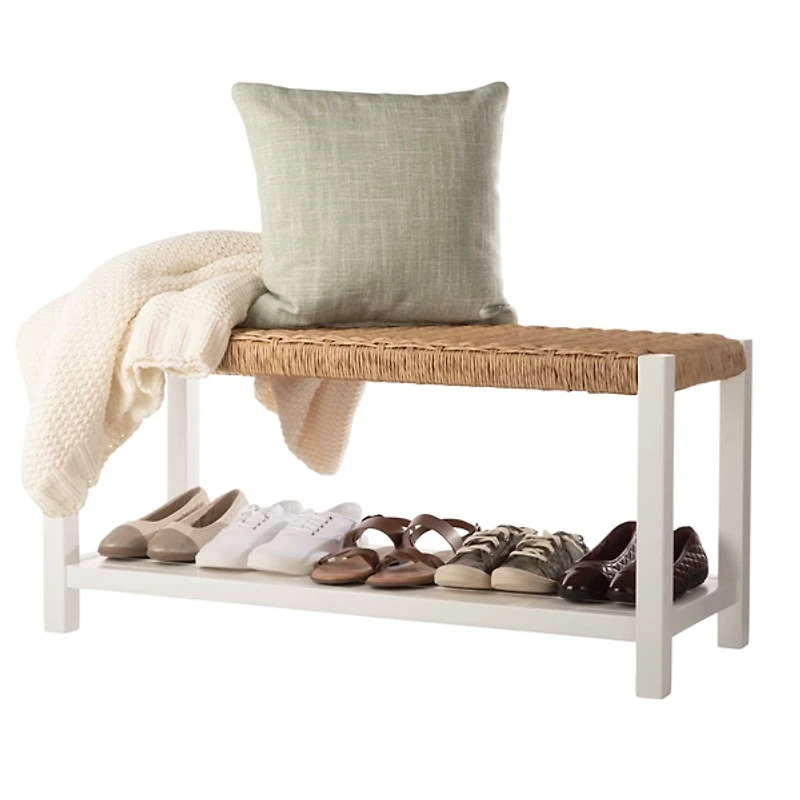White Newport Wood and Rattan Bench with Shelf