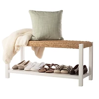 White Newport Wood and Rattan Bench with Shelf