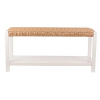 White Newport Wood and Rattan Bench with Shelf