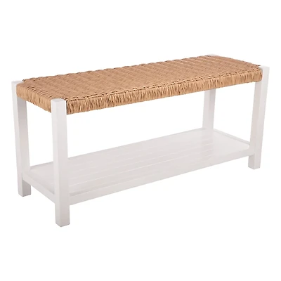 White Newport Wood and Rattan Bench with Shelf