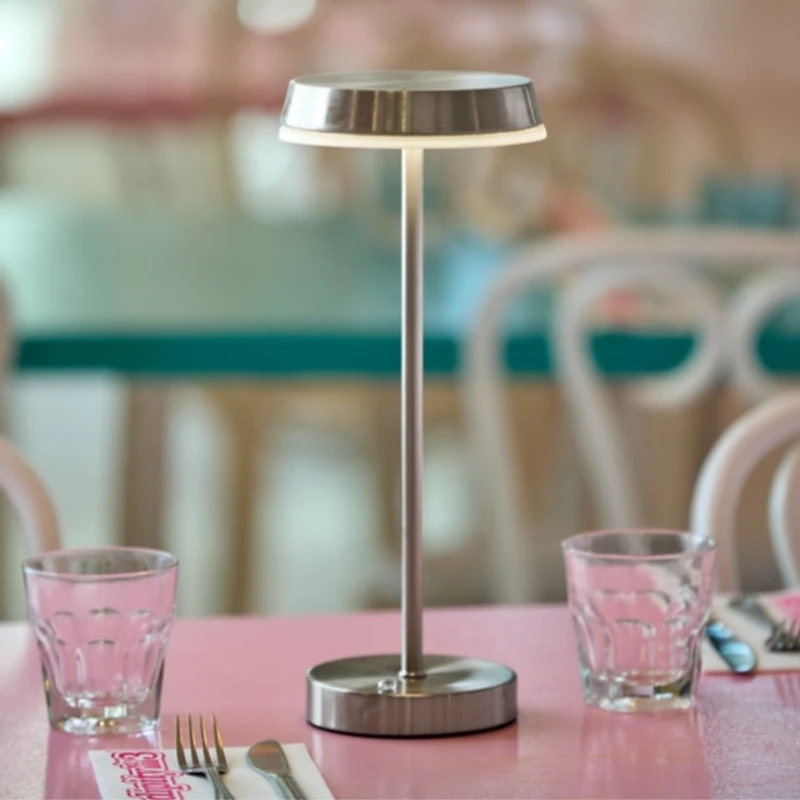 Steel Metal Disc Frosted Light Cordless Table Lamp