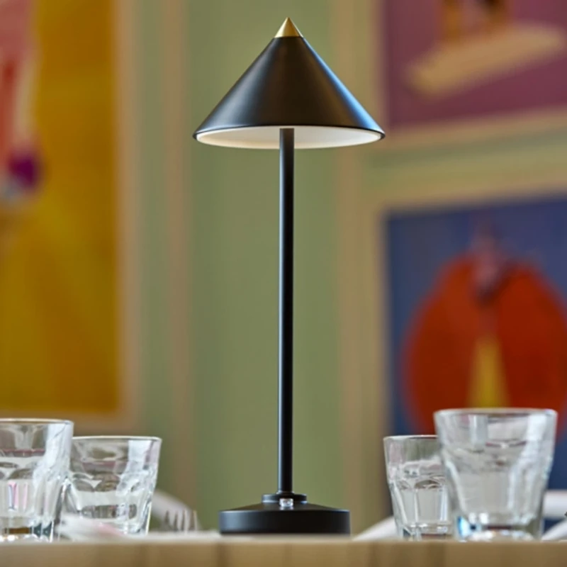 Black Metal Cone Shade Cordless Table Lamp