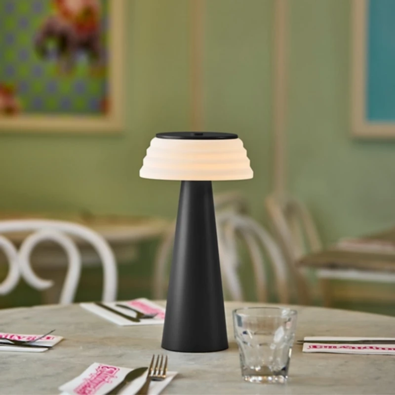 Metal Cordless Lamp with White Ribbed Shade
