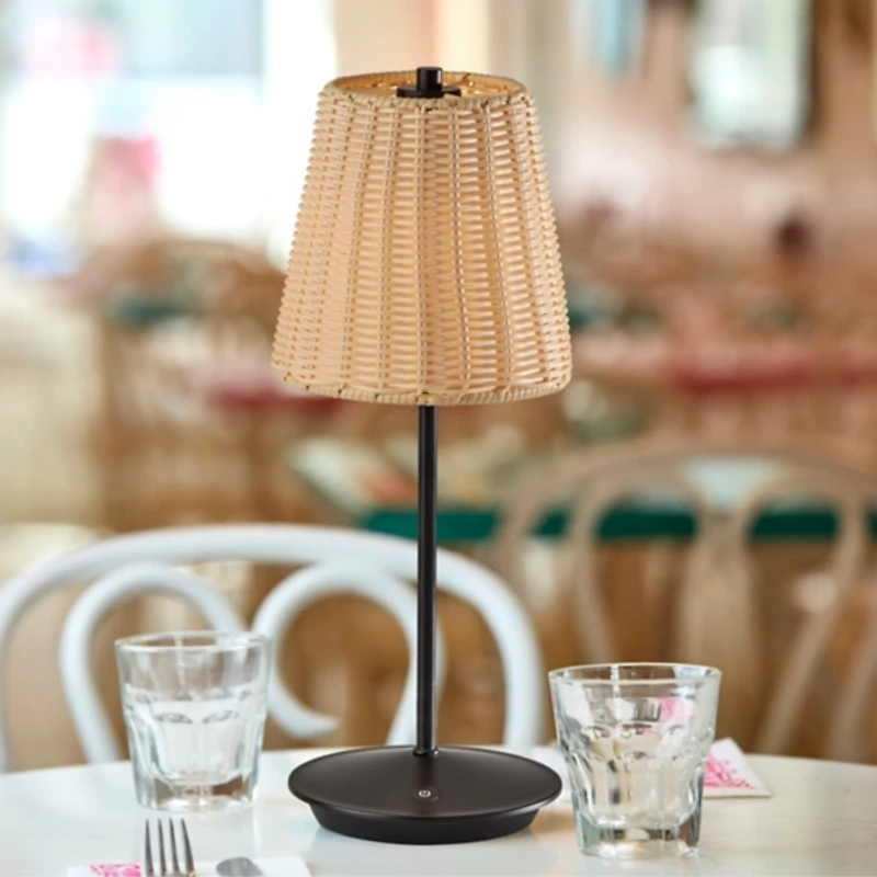 Black Metal Rattan Shade Cordless Table Lamp