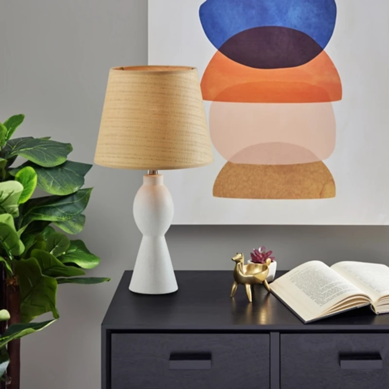 Ivory Ceramic Woven Rattan Shade Table Lamp