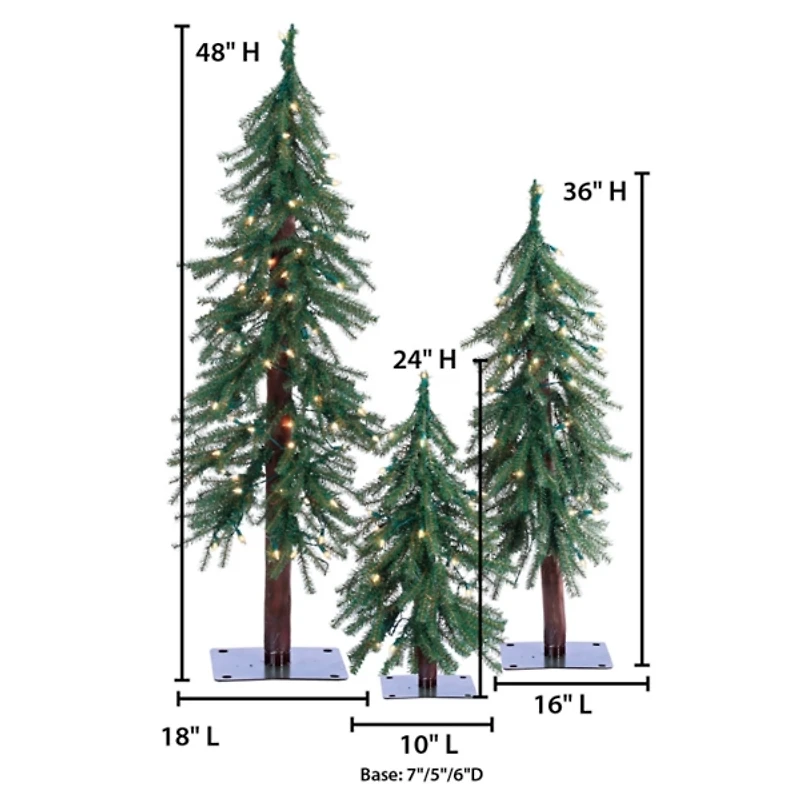Pre-Lit Assorted Alpine Christmas Trees, Set of 3