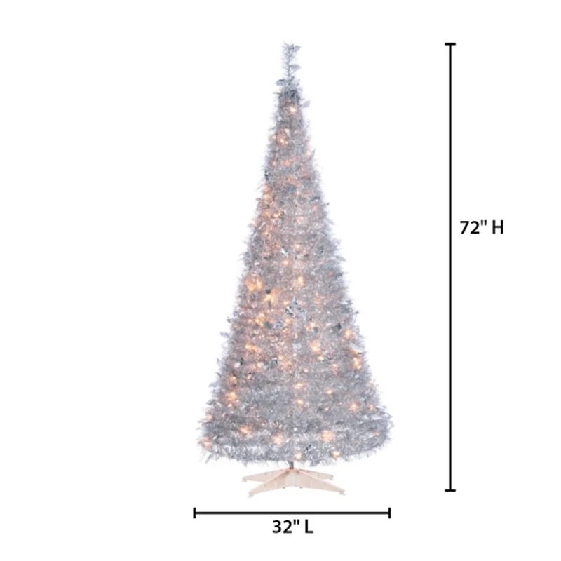 6 ft. Pre-Lit Silver Tinsel Pop-Up Christmas Tree