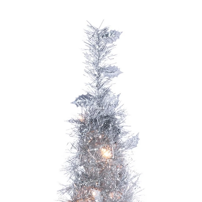 6 ft. Pre-Lit Silver Tinsel Pop-Up Christmas Tree