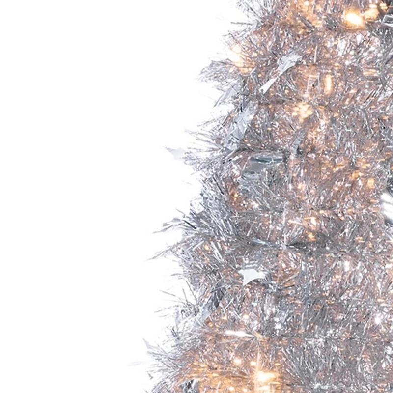 6 ft. Pre-Lit Silver Tinsel Pop-Up Christmas Tree