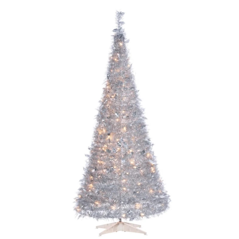 6 ft. Pre-Lit Silver Tinsel Pop-Up Christmas Tree