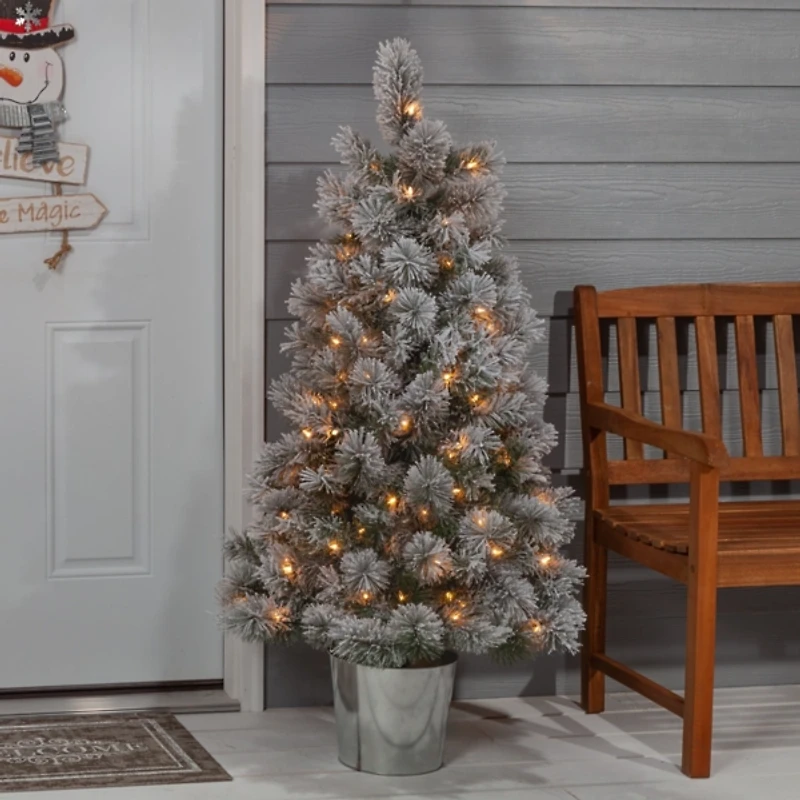 4.5 ft. Pre-Lit Flocked Potted Pine Christmas Tree