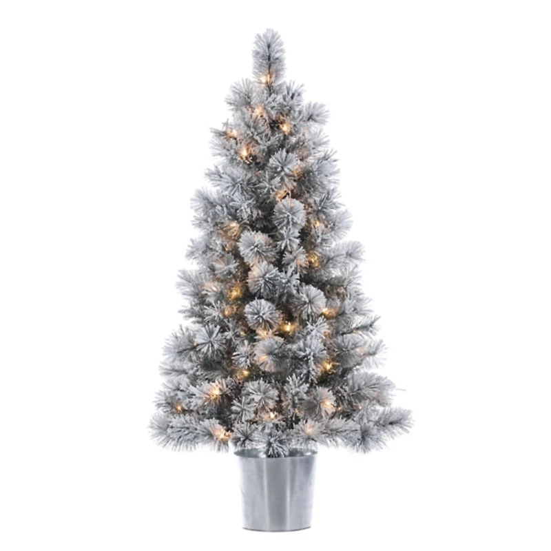 4.5 ft. Pre-Lit Flocked Potted Pine Christmas Tree