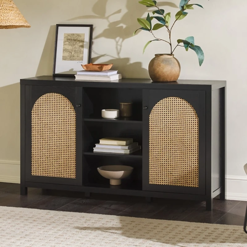 Black Wood and Rattan 2-Door Sideboard