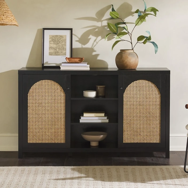 Black Wood and Rattan 2-Door Sideboard