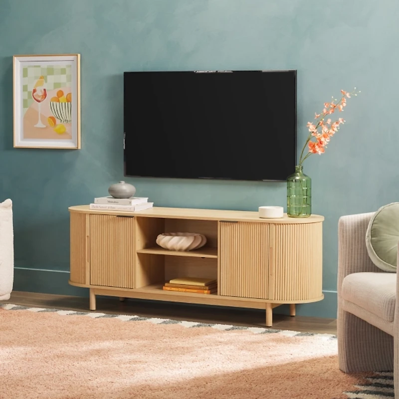 Natural Wood Reeded Oval TV Stand