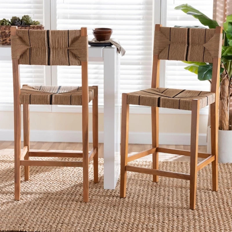 Natural Wood Woven Prita Bar Stools, Set of 2