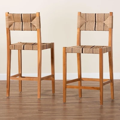 Natural Wood Woven Prita Bar Stools, Set of 2