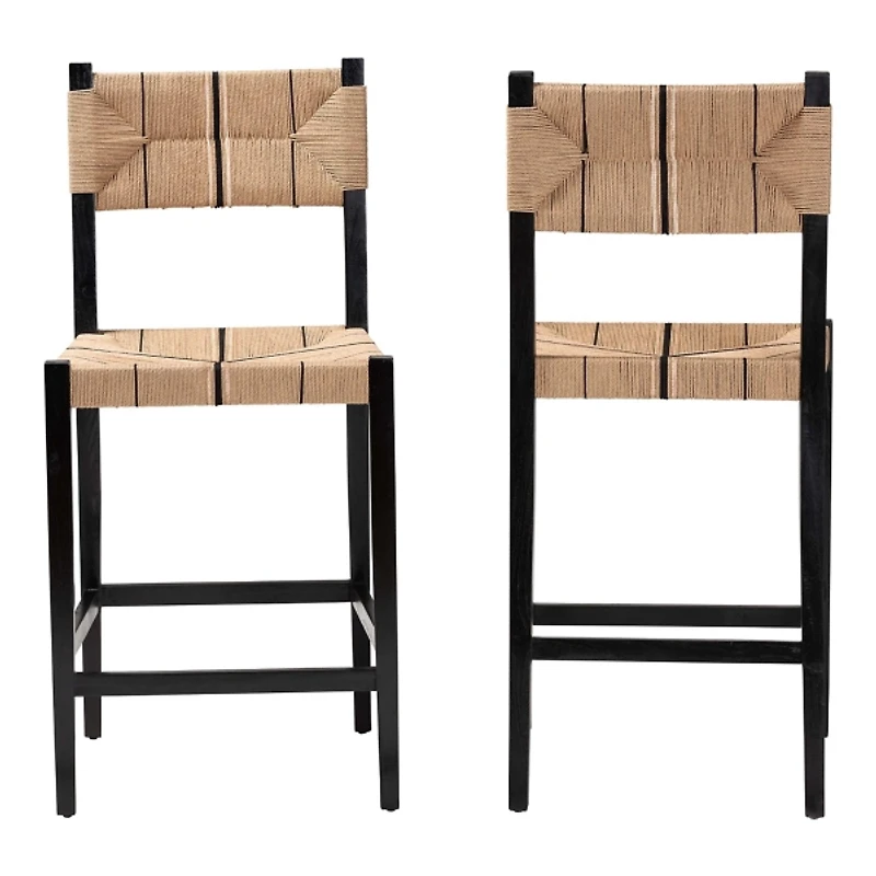 Black Wood Woven Prita Bar Stools, Set of 2