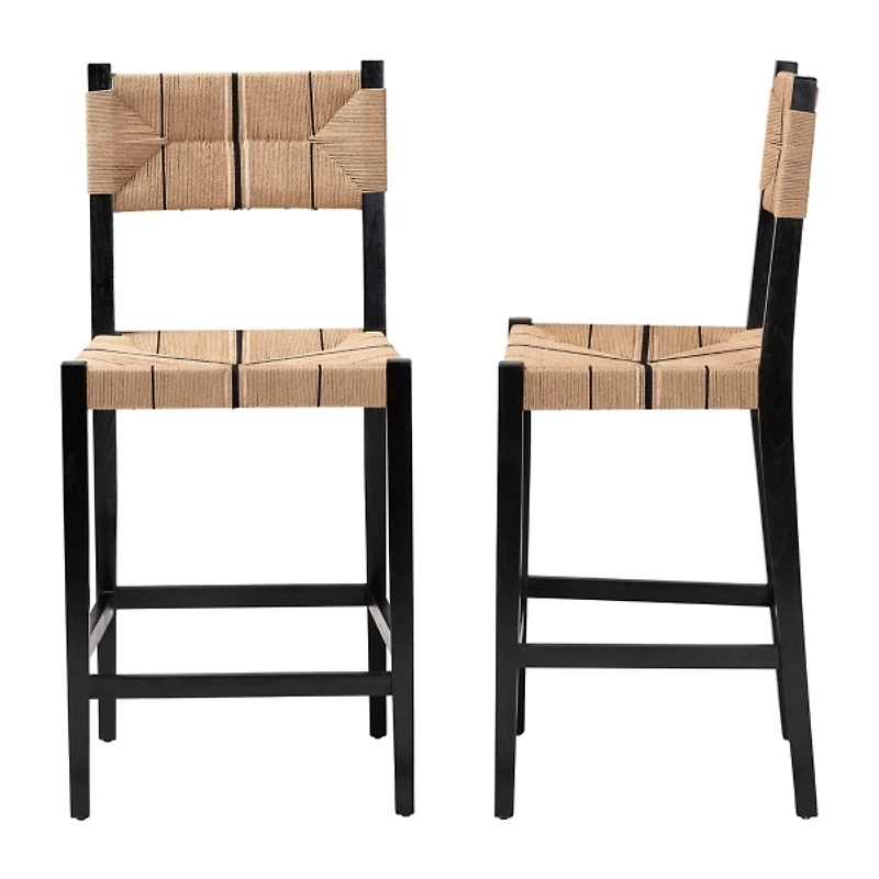 Black Wood Woven Prita Bar Stools, Set of 2